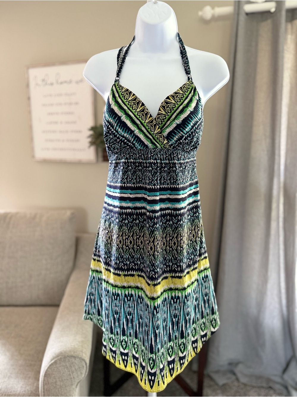 Athleta Smocked Top Maxi Dress in Black, Teal & Cream